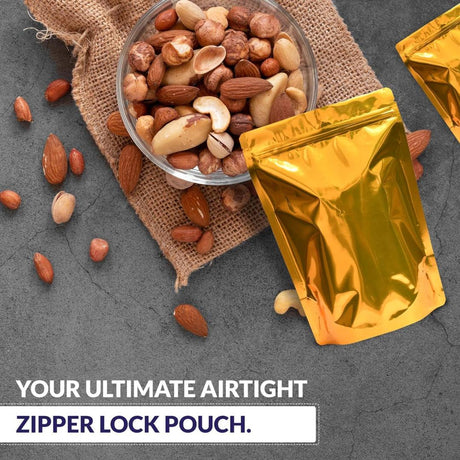 250 gm | Zip Lock Pouch | Gold Pouch Without Window | 13.5x22 CM | Standing Pouch | 110 GSM | - Bakeyy.com - India - 250 gm | Zip Lock Pouch | Gold Pouch Without Window | 13.5x22 CM | Standing Pouch | 110 GSM | - Pack Of 50 / 13.5x22 cm / 250 gm