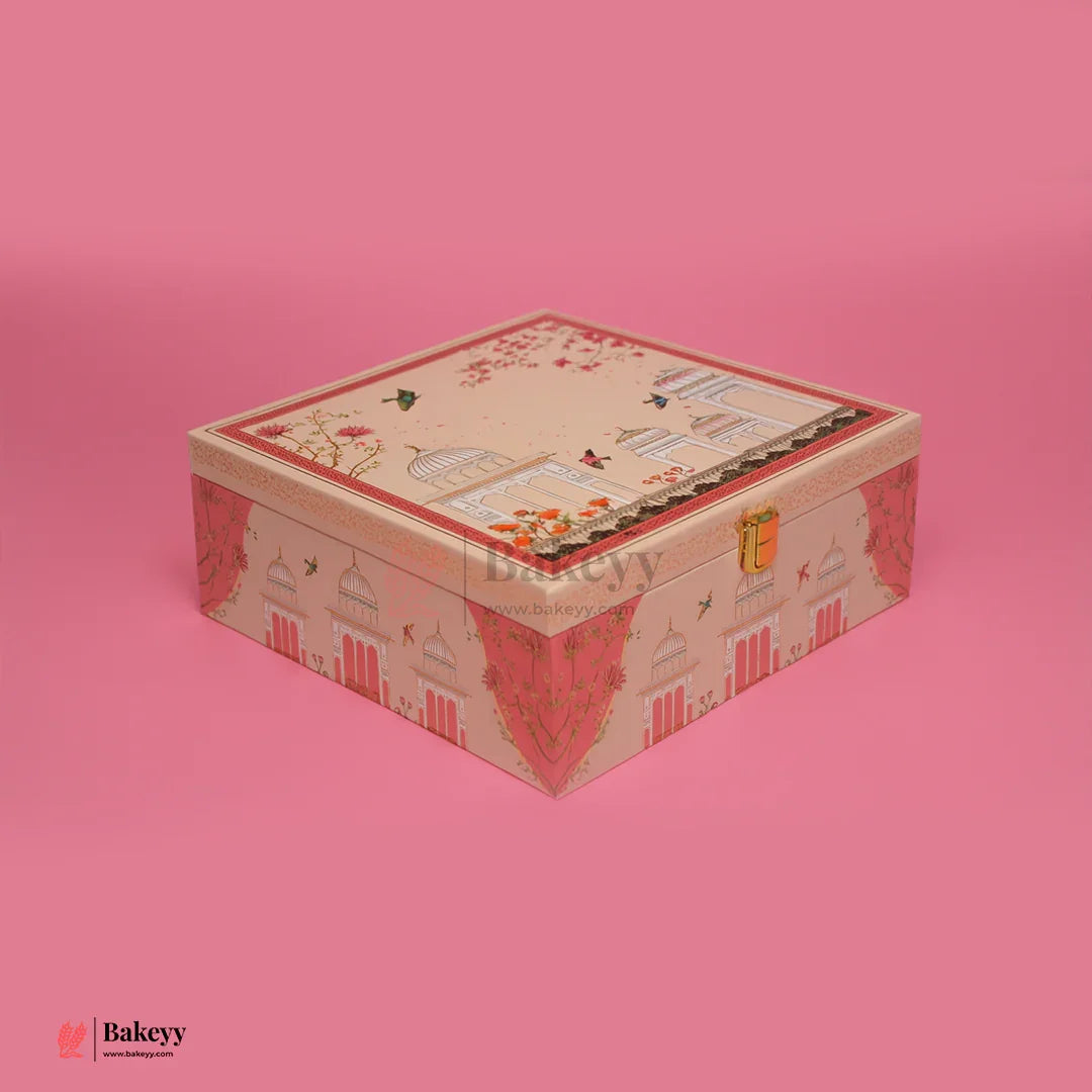 24cm | Elegant Pichwai Square Pink Design Themed Gift Box | Pack of 1