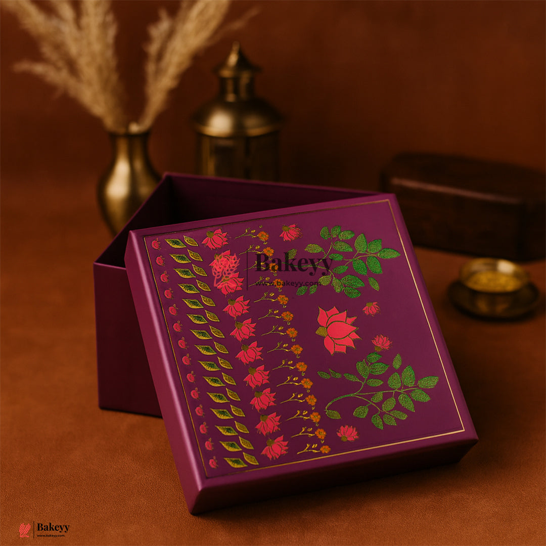 6x6x4 Inch | Small Floral Printed Premium Square Gift Box – Purple | Reusable Rigid Hamper Packaging  | Pack Of 1