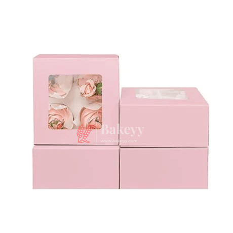 4 Cupcake Box | With Window On The Top | Pink Color | - Bakeyy.com - India - 4 Cupcake Box | With Window On The Top | Pink Color | - Pack of 10