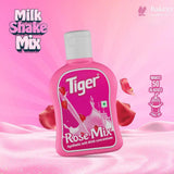 Pink bottle of Tiger Rose Mix shake mix on a pink background with decorative elements.