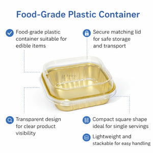 Bakeyy food-grade gold plastic container with clear lid, ideal for single serve bakery packaging