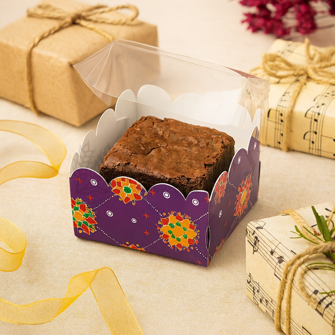 Purple Floral Print 1 Brownie Box With Transparent Lid | Pack of 50