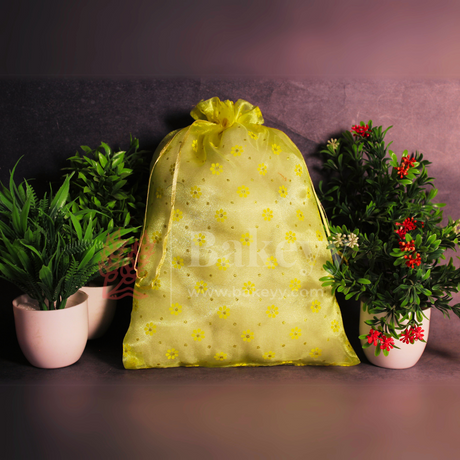 22x31 CM | Floral Designs Organza Potli Bags | Pack of 50 | Yellow Color | Candy Bag - Bakeyy.com - India - 22x31 CM | Floral Designs Organza Potli Bags | Pack of 50 | Yellow Color | Candy Bag - Default Title