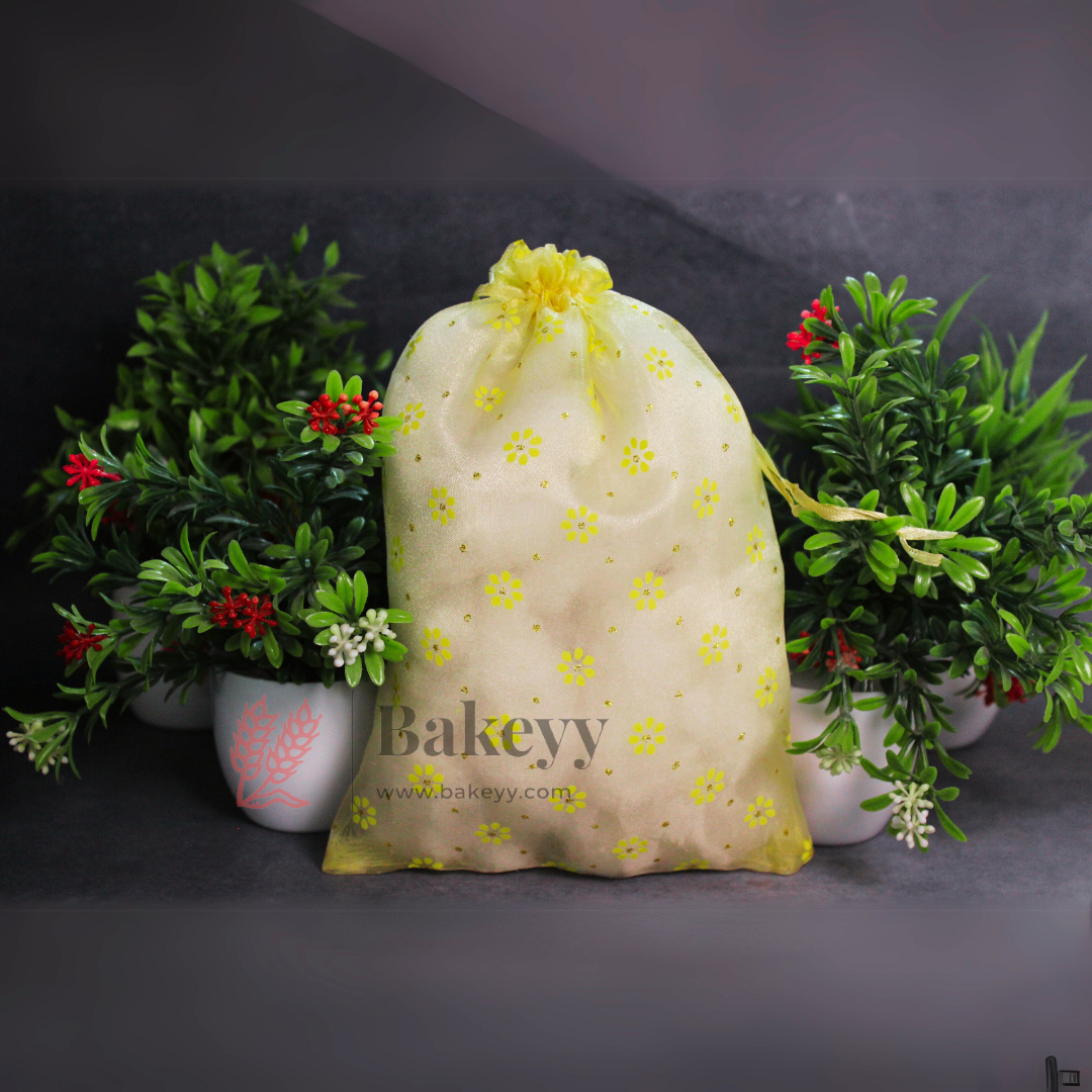 16x20 CM | Floral Dots Designs Organza Potli Bags | Pack of 50 |  Yellow Color | Candy Bag