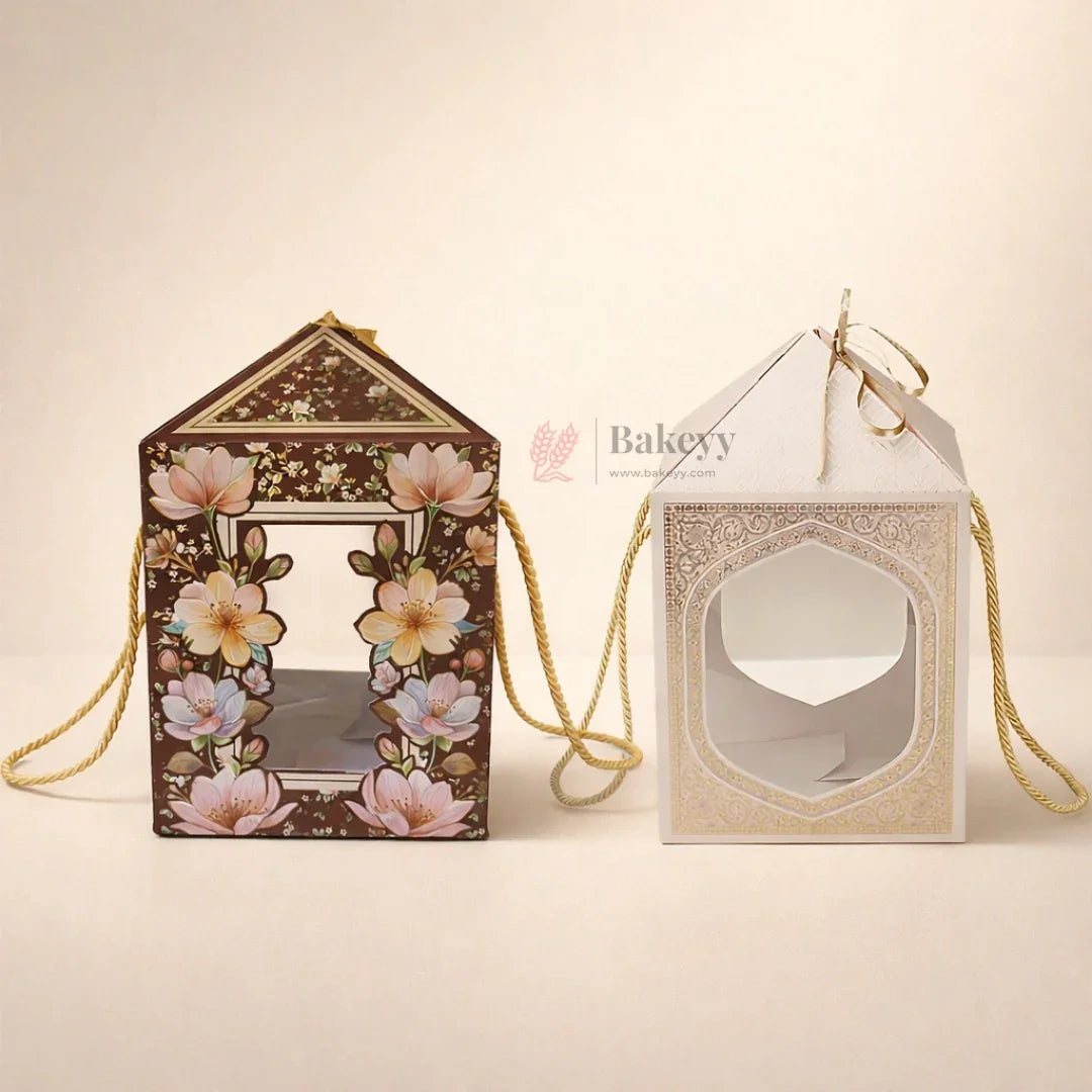 Premium Floral Window Gift Box with Rope Handle (7.25 x 7.25 x 12 Inch) | Cake Hamper & Gifting Box | Pack of 10
