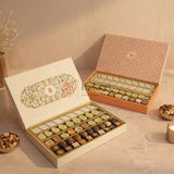 Capacity: Suitable for approx. 1 kg sweets or chocolates (depending on product type)
Premium rigid hardboard construction
Luxury floral printed lid design
Gold finish food-grade plastic inner tray
4 long compartments for organized arrangement
Ideal for Diwali, Weddings, Festive Hampers &amp; Corporate Gifting