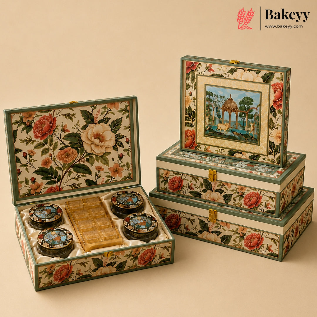 Heritage Floral Hamper Box | Traditional Gift Hamper Box with Elegant Floral Artwork & Glass Jars | Pack of 1