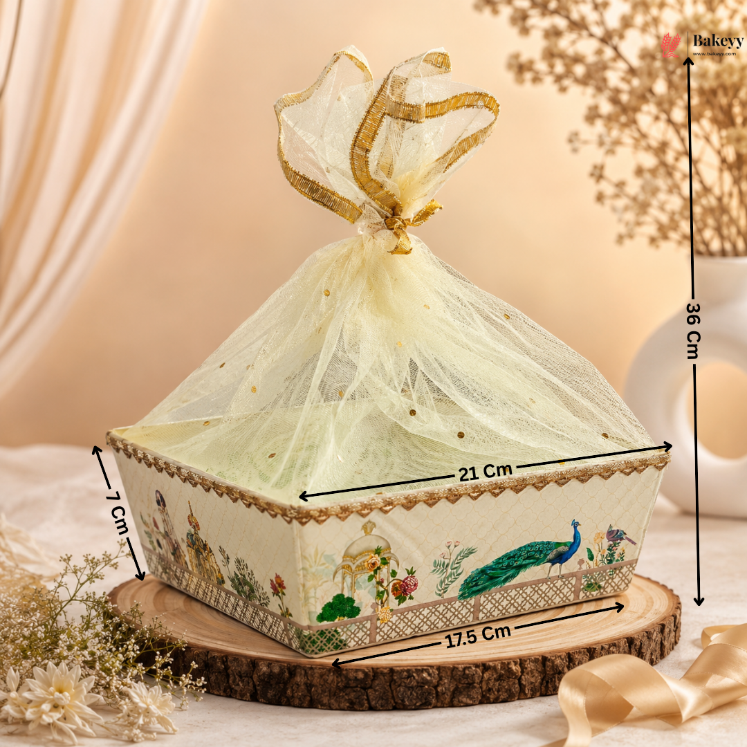 Decorative box with a gold bow and measurements on a wooden stand with a soft background