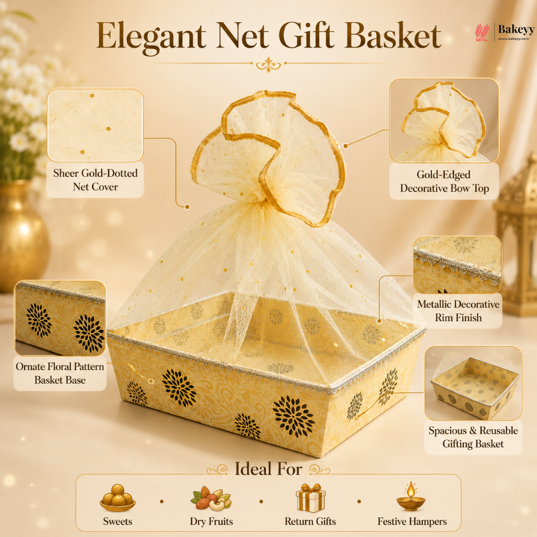 Elegant net gift basket with decorative elements and product features.