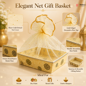 Elegant net gift basket with decorative elements and product features.