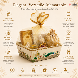 Decorative gift basket with gold accents on a beige background, featuring text about its features and uses.