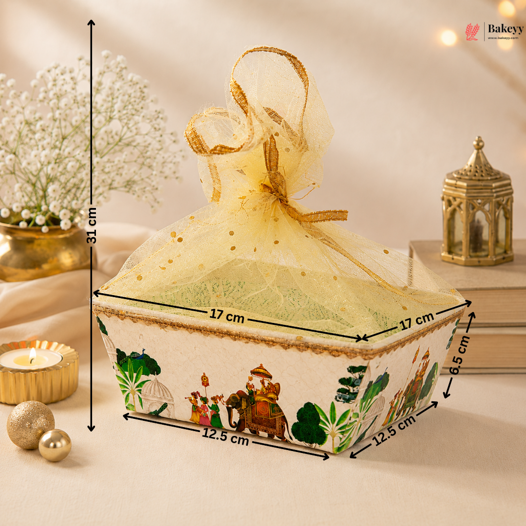 Decorative box with measurements and a bow, placed on a surface with a soft background.