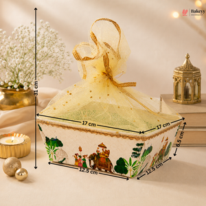 Decorative box with measurements and a bow, placed on a surface with a soft background.
