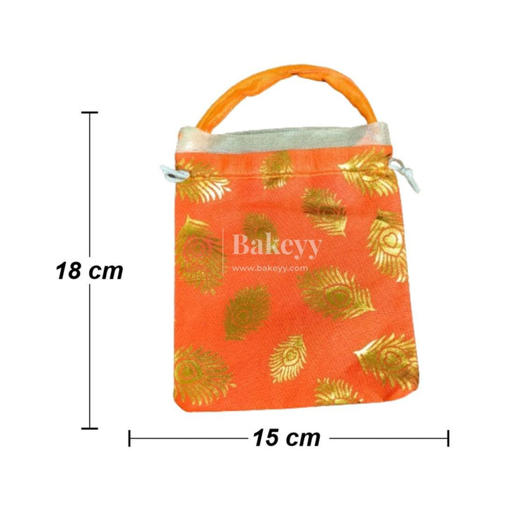 6x7 Inch | Golden Peacock Feather Design Gift Bag | Drawstring Bags - Bakeyy.com
