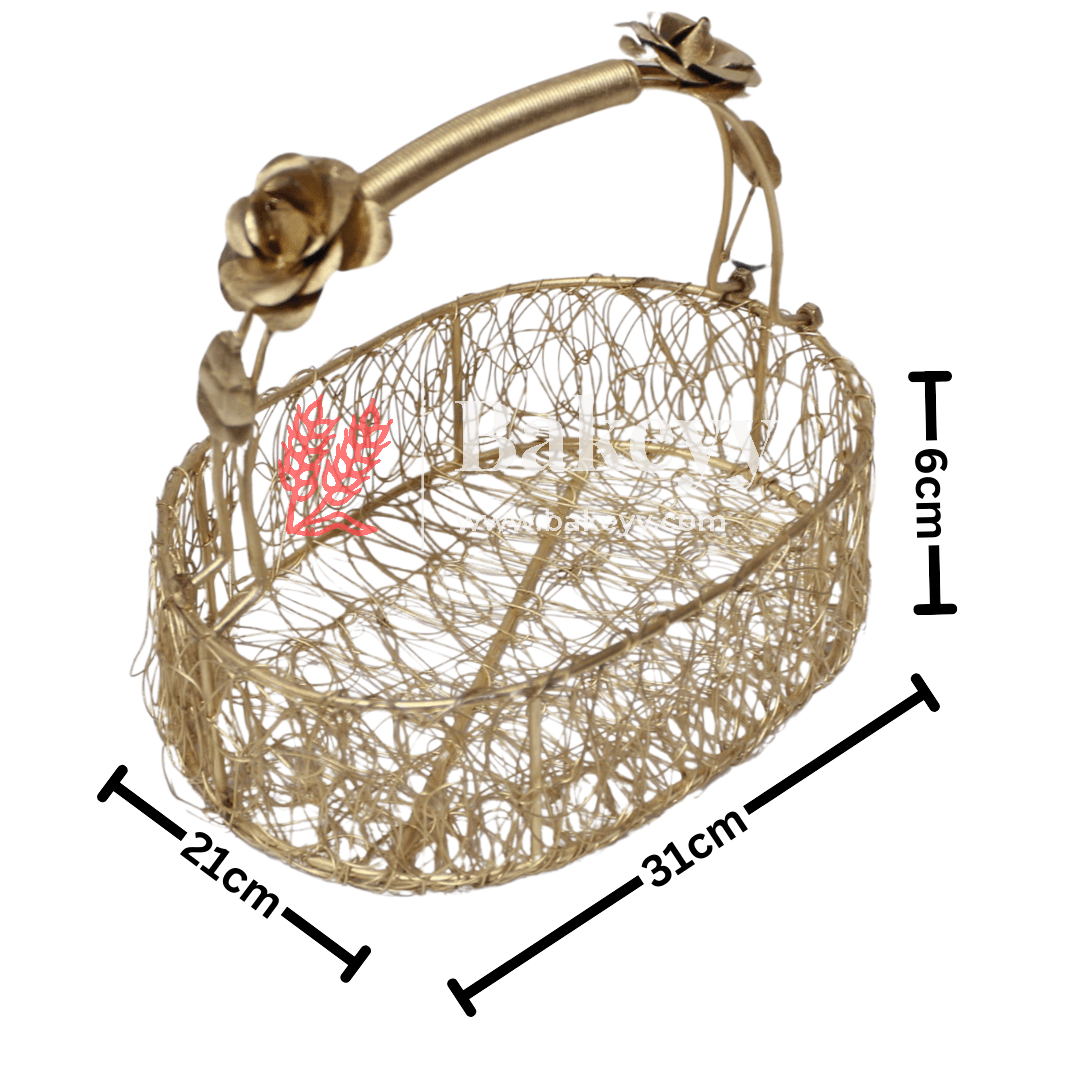 Decorative Gold Metal Hamper Basket For Gifting Oval with Handle - Bakeyy.com - India - Decorative Gold Metal Hamper Basket For Gifting Oval with Handle - Large