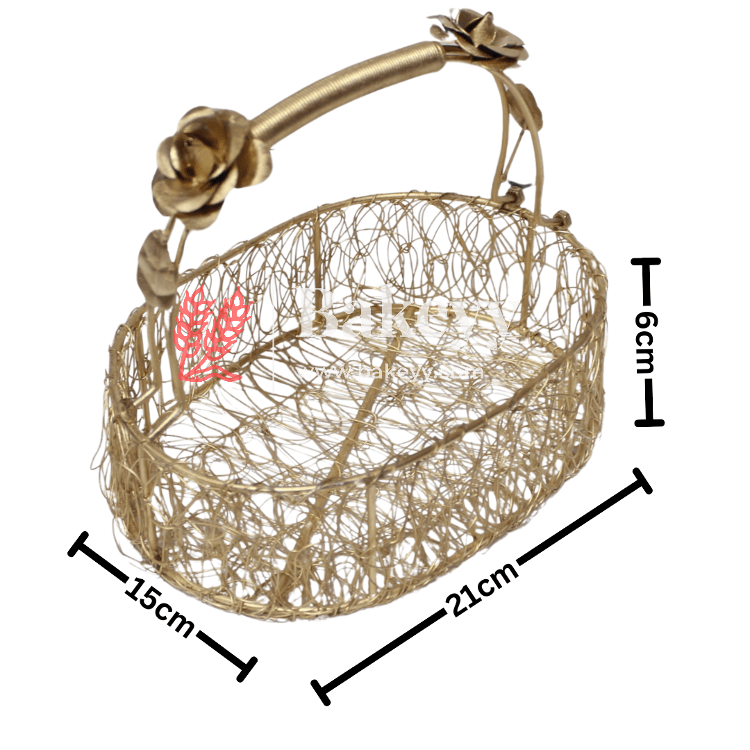 Decorative Gold Metal Hamper Basket For Gifting Oval with Handle - Bakeyy.com - India - Decorative Gold Metal Hamper Basket For Gifting Oval with Handle - Small