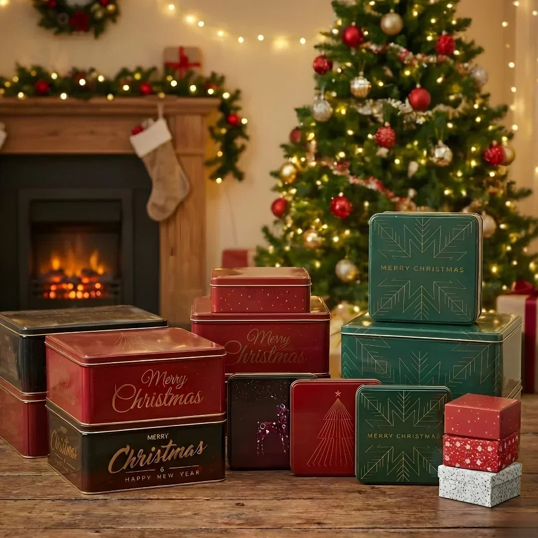 Christmas Hamper Square Tin Box | Hamper Box | Gift Box | Plum Cake Box - Bakeyy.com - India - Christmas Hamper Square Tin Box | Hamper Box | Gift Box | Plum Cake Box - Red / 6x6x2 Inch | Pack of 2 250.00