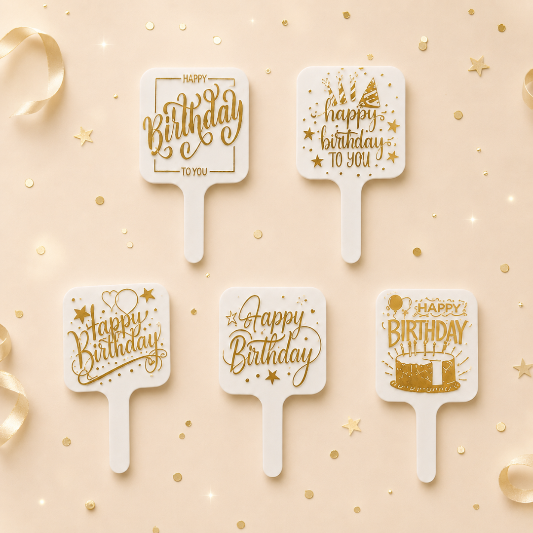 Five 'Happy Birthday' fans with gold text on a beige background with confetti.