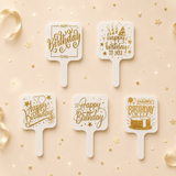 Five 'Happy Birthday' fans with gold text on a beige background with confetti.