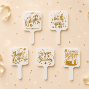 Five 'Happy Birthday' fans with gold text on a beige background with confetti.