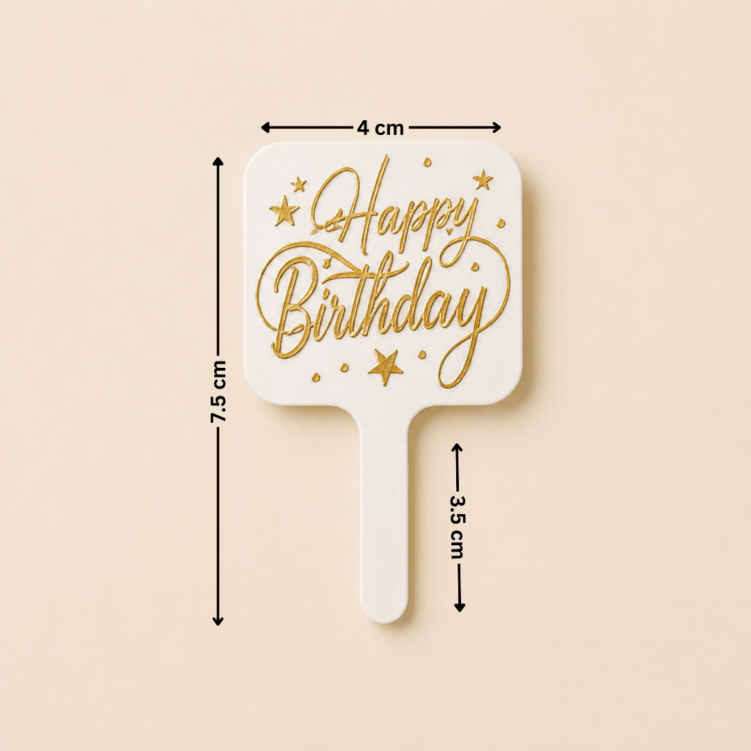 White paddle with 'Happy Birthday' text on a beige background