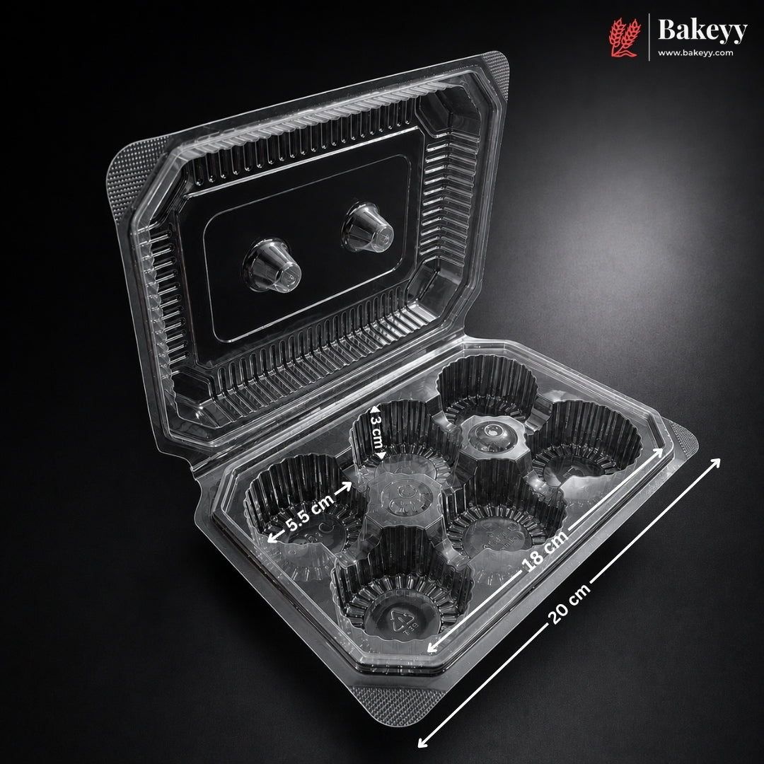 A clear plastic cupcake container with six individual cupcake liners, shown open on a dark background with dimension annotations indicating 20 cm length, 10 cm width, and 4.5 cm liner height.
