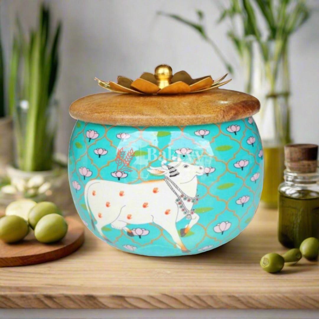 Turquoise Handcrafted Decorative Jar with Floral Wooden Lid - Bakeyy.com - India - Turquoise Handcrafted Decorative Jar with Floral Wooden Lid - Default Title