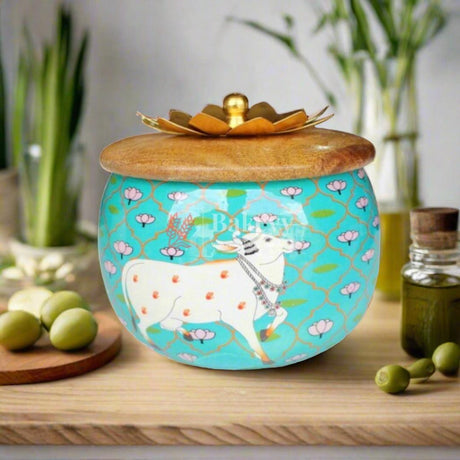 Turquoise Handcrafted Decorative Jar with Floral Wooden Lid - Bakeyy.com - India - Turquoise Handcrafted Decorative Jar with Floral Wooden Lid - Default Title