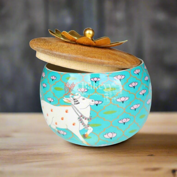 Turquoise Handcrafted Decorative Jar with Floral Wooden Lid