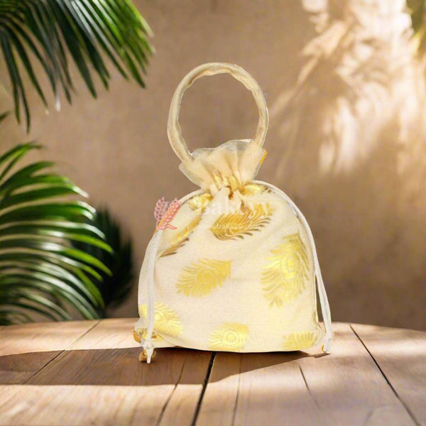6x7 Inch | Golden Peacock Feather Design Gift Bag | Drawstring Bags - Bakeyy.com