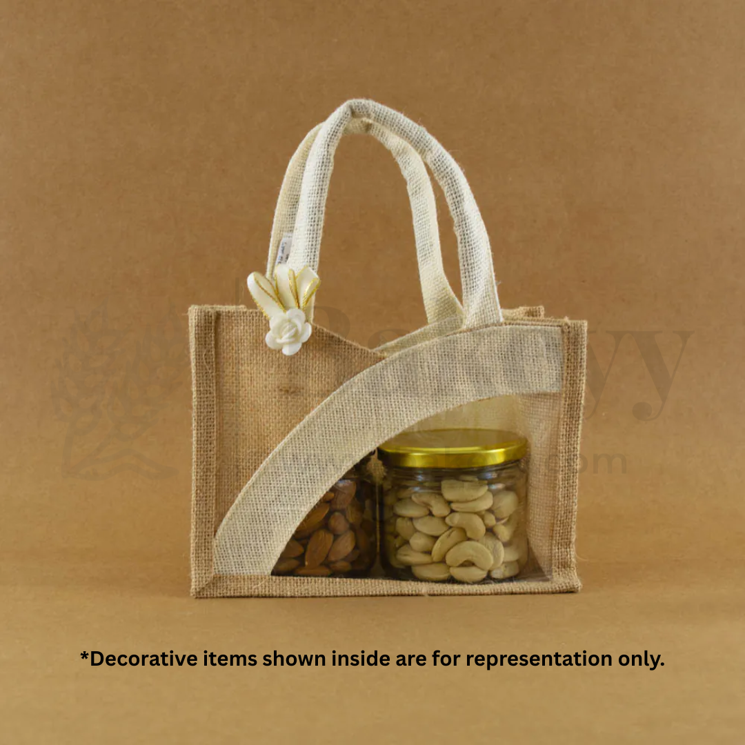 21x21x15 CM | Beige & Cream 4 Jar Ethnic Jute Gift Bag with Window & Handle – 1 Piece