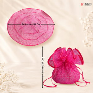 Pink organza bags with measurements on a beige background
