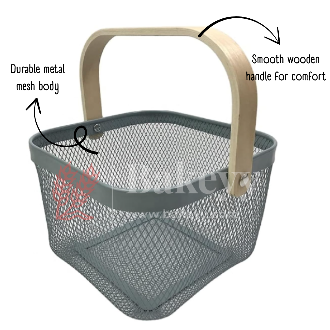 24x24x18 cm | Steel Grey Metal Basket with Wooden handle | 1 Piece