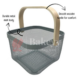 24x24x18 cm | Steel Grey Metal Basket with Wooden handle | 1 Piece