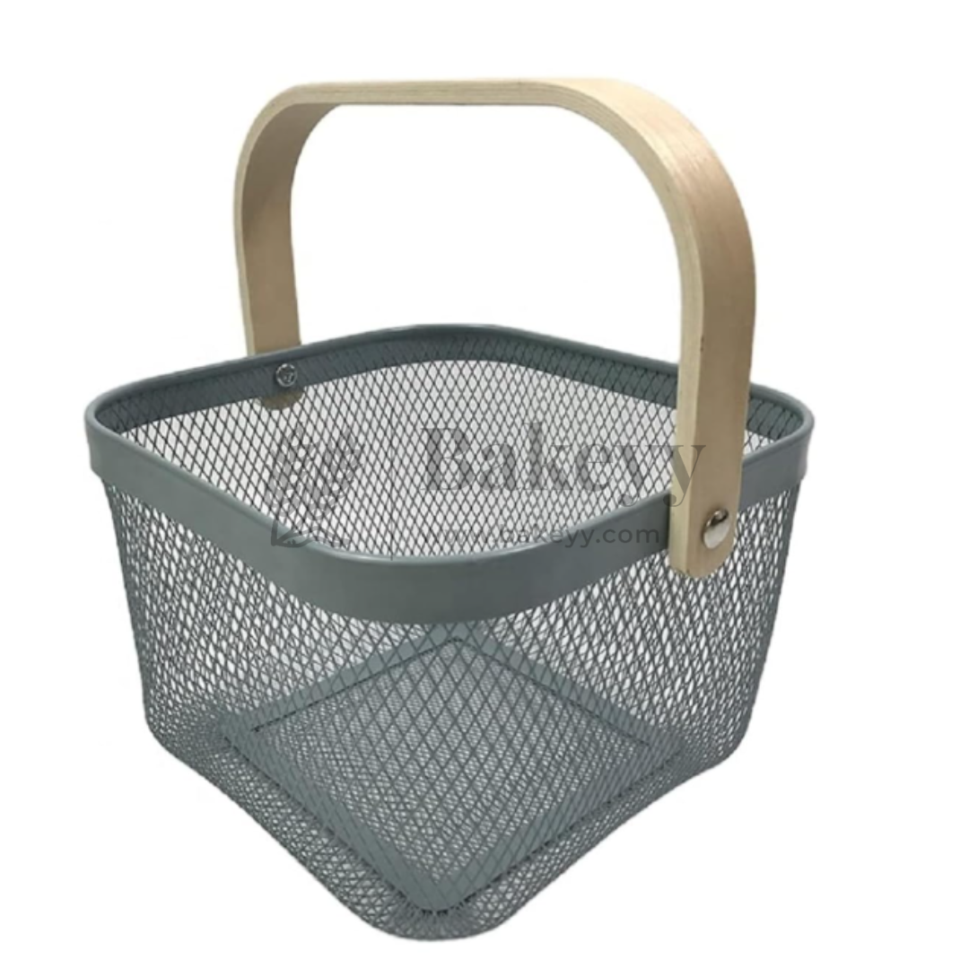 24x24x18 cm | Steel Grey Metal Basket with Wooden handle | 1 Piece