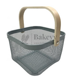 24x24x18 cm | Steel Grey Metal Basket with Wooden handle | 1 Piece