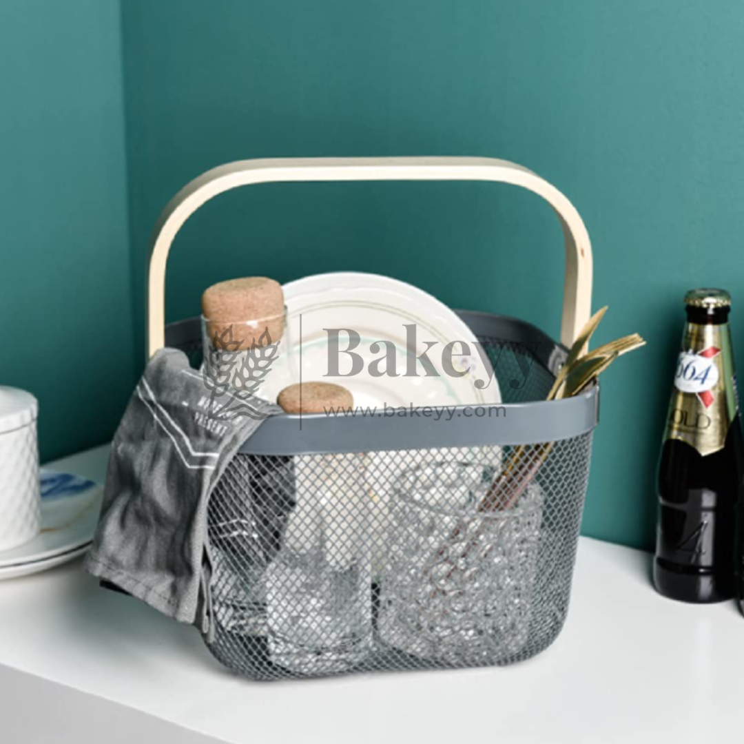 24x24x18 cm | Steel Grey Metal Basket with Wooden handle | 1 Piece