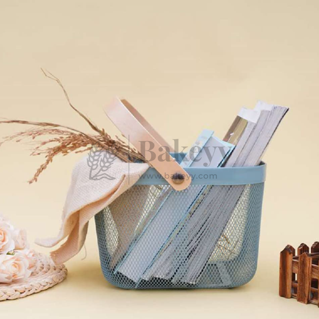 24x24x18 cm | Steel Grey Metal Basket with Wooden handle | 1 Piece