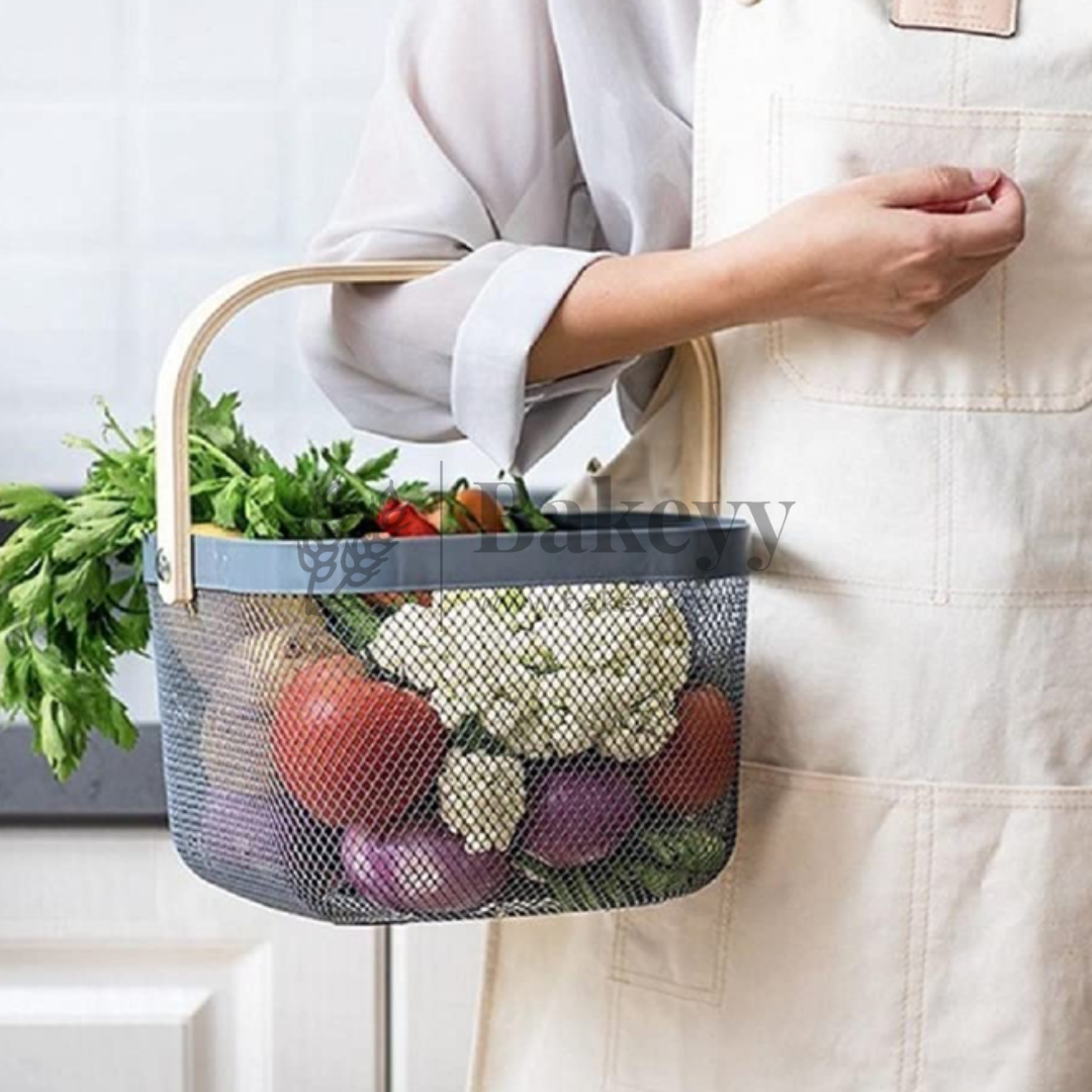 24x24x18 cm | Steel Grey Metal Basket with Wooden handle | 1 Piece