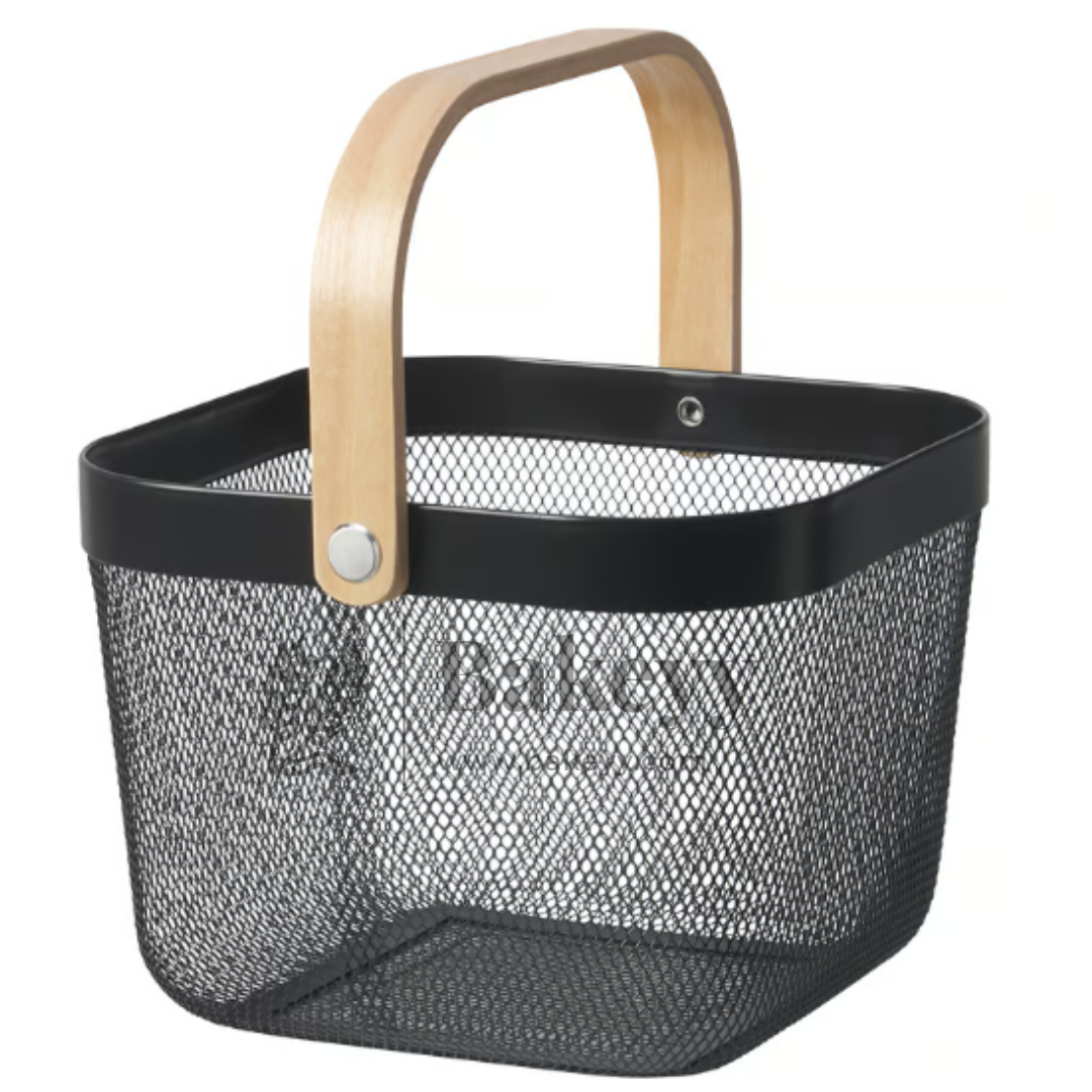 24x24x18 cm | Black Metal Basket with Wooden handle | 1 Piece