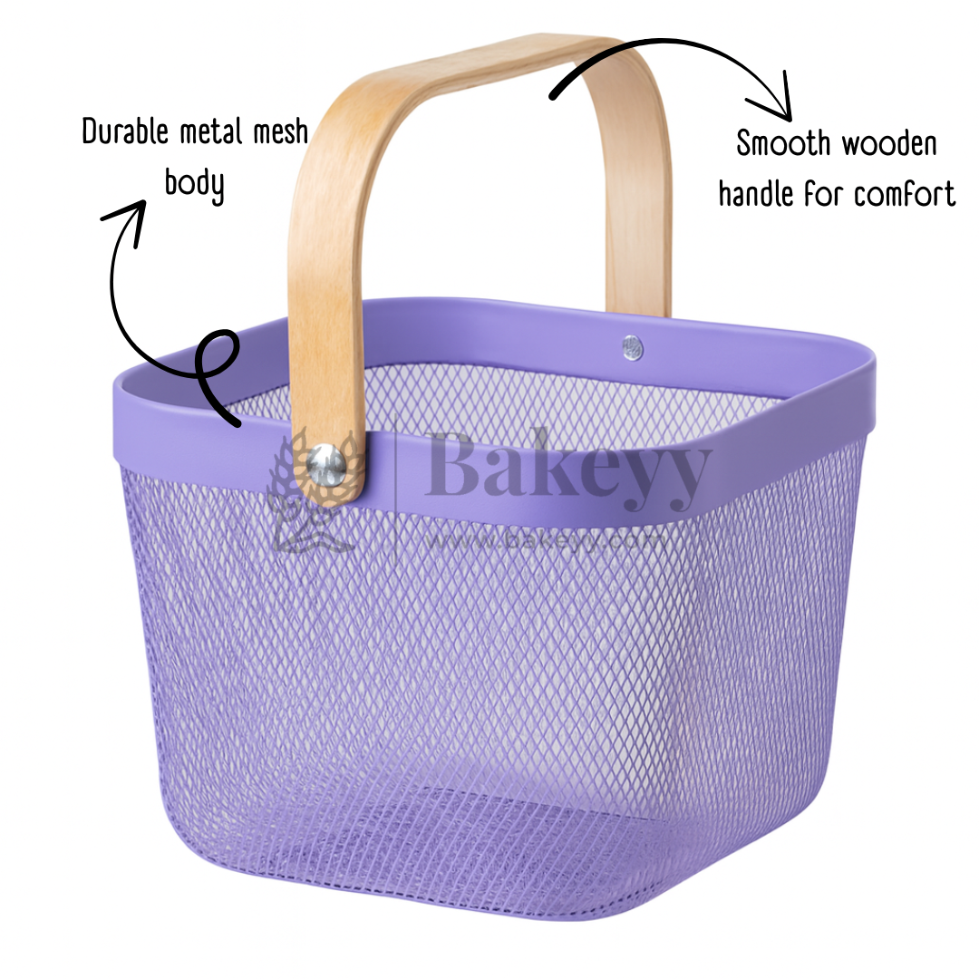 24x24x18 cm | Lavender Metal Basket with Wooden handle | 1 Piece