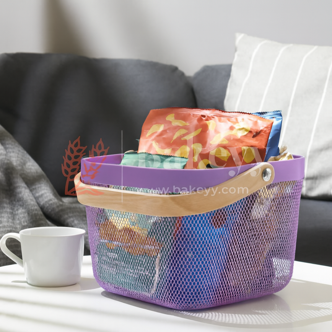 24x24x18 cm | Lavender Metal Basket with Wooden handle | 1 Piece