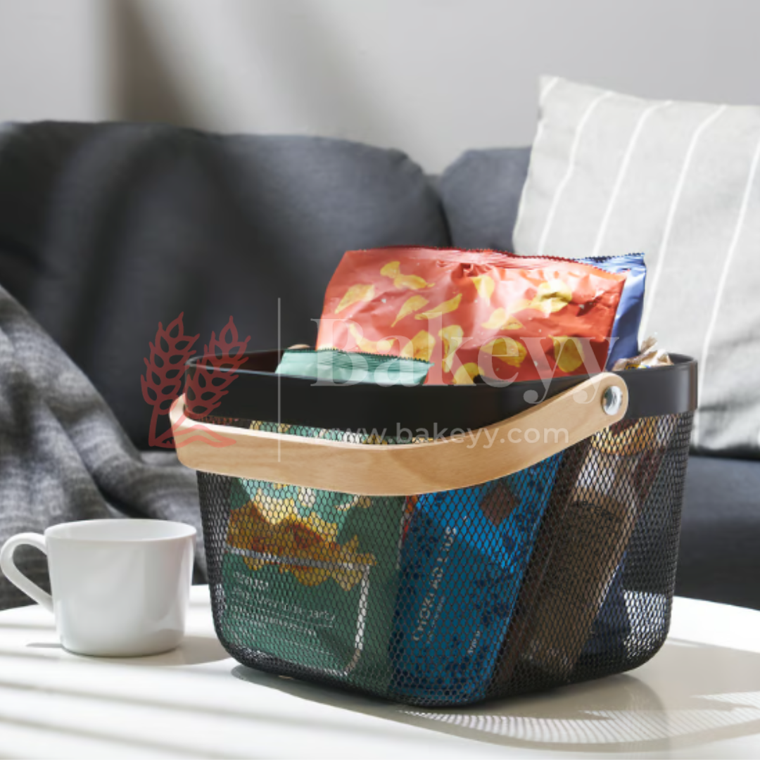 24x24x18 cm | Black Metal Basket with Wooden handle | 1 Piece