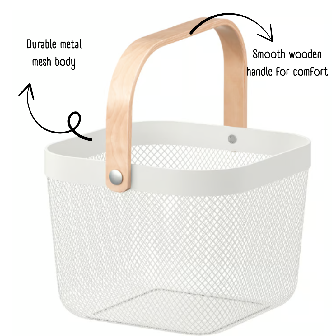24x24x18 cm | White Metal Basket with Wooden handle | 1 Piece