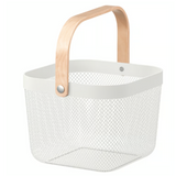 24x24x18 cm | White Metal Basket with Wooden handle | 1 Piece