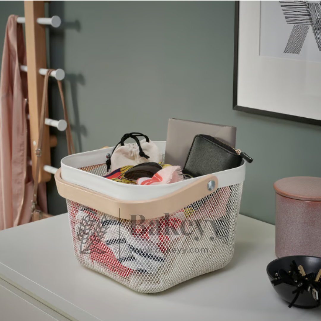 24x24x18 cm | White Metal Basket with Wooden handle | 1 Piece