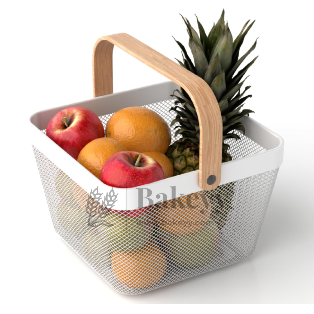 24x24x18 cm | White Metal Basket with Wooden handle | 1 Piece