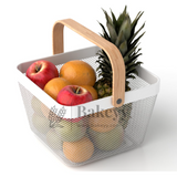 24x24x18 cm | White Metal Basket with Wooden handle | 1 Piece