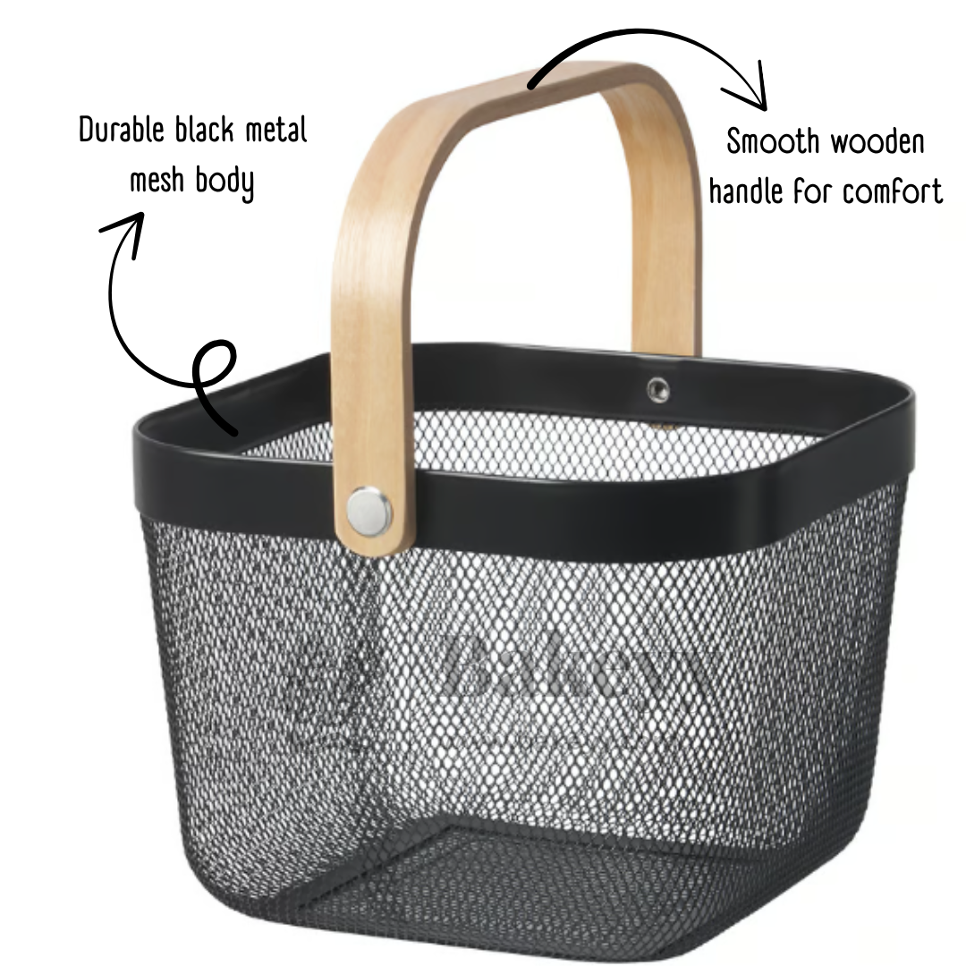 24x24x18 cm | Black Metal Basket with Wooden handle | 1 Piece